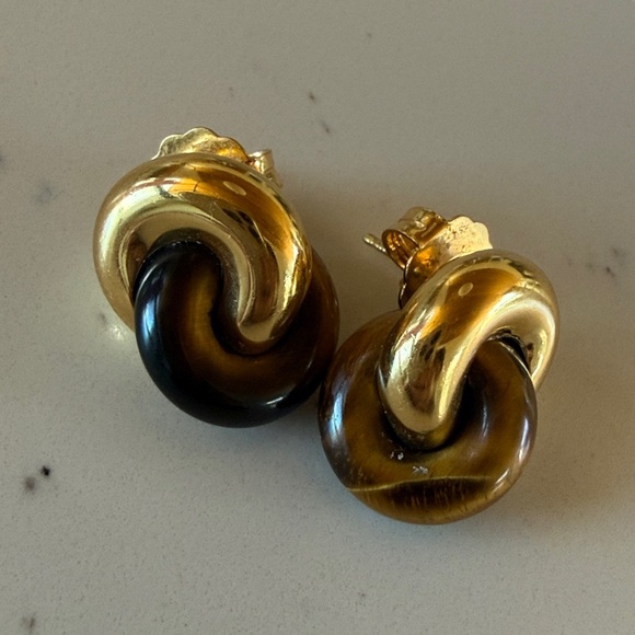 Monica Vinader x Kate Young Tiger's Eye Link Stud 18k Gold Vermeil Earrings - Picture 7 of 9